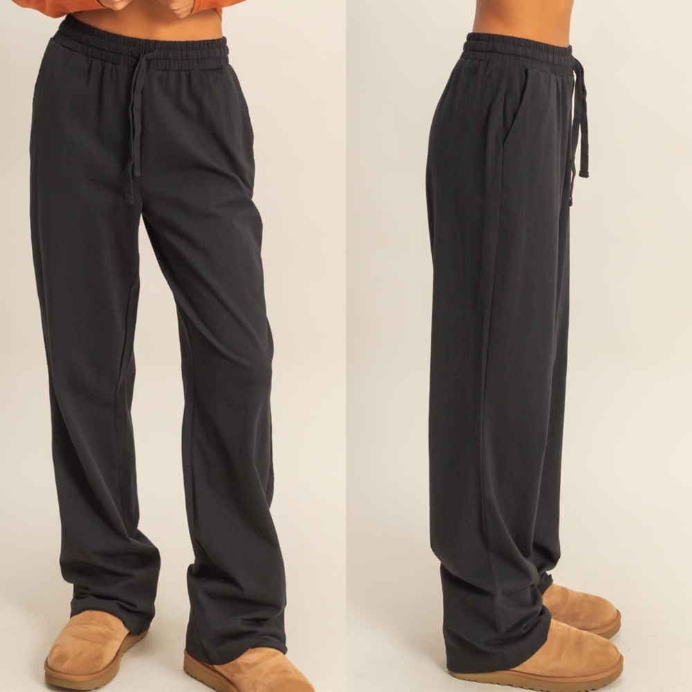 NEW Double Zero Black Cotton Wide Leg Lounge Pants Drawstring High Waist Medium